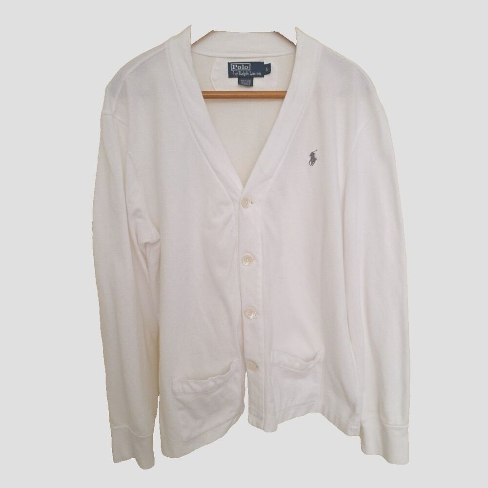 Vintage Polo Ralph Lauren Cardigan Pique Cotton Button Summer Preppy L White